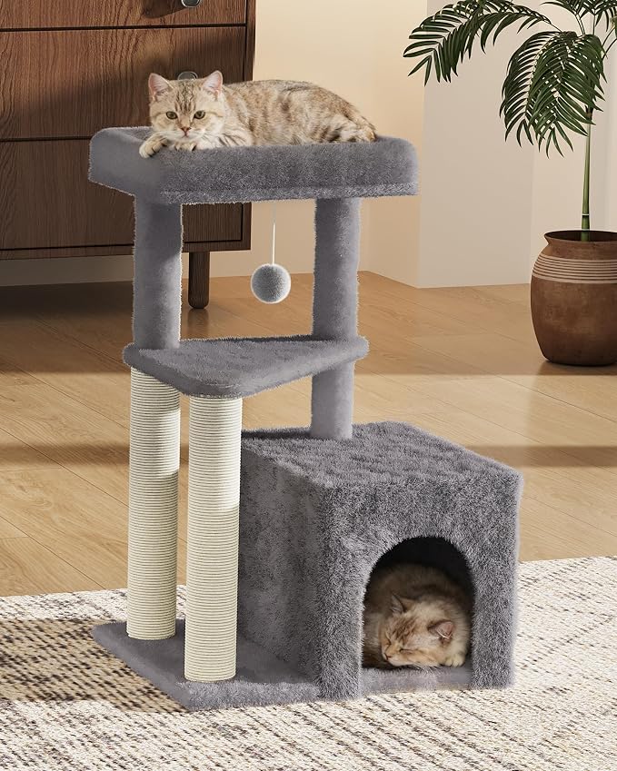Cat Tree Tower for Indoor Cats, 33 Inches Multi-Level Cat Condo with Scratching Posts, Large Perch, Hanging Toy for Large Adult Cats, Gray
