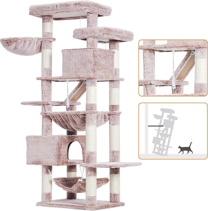 Heybly Cat Tree, 71-Inch-Tall Tower for Indoor Cats with 2 Perches HCT034MU | Large Cat Furniture with 2 Big Condos, 2 Hammocks, Basket, Scratching Pad, Multi-Level Cat Condo, Rosy Brown