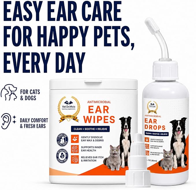 Dog Ear Cleaner Drops & Ear Wipes Kit – Advanced Pet Ear Cleaning Solution with Hypochlorous Acid, Helps Relieve Itchy Ears, Removes Wax & Odor, Gentle for Dogs & Cats