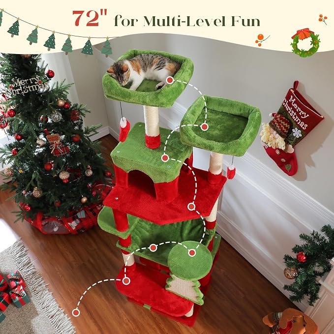 PAWZ Road Christmas Cat Tree, 72" with Big Condo, Hammock & Xmas Scratcher | Xmas red&green cat tree, 20"×16" hammock for adult cats, 7 scratch posts + pad, dual condos&perches for multi-cats
