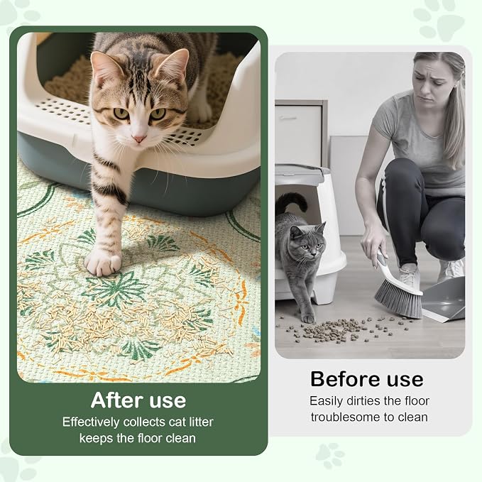 Bienbee Cat Litter Mat, 33" x 22" Litters Box Mat Machine Washable Less Waste Waterproof Litter Mats, Non-Slip Cat Litters Trapping Mats Easy to Clean Bean-Green L