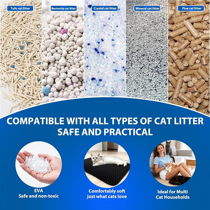 Cat Litter Box Mat,Double-Layer Honeycomb Litter Trap 35"x24" Gray | Catches Scattered Particles to Stop Tracking,Waterproof Design Urineproof Base Protects Floors, Easy to Clean, Indoor Cats