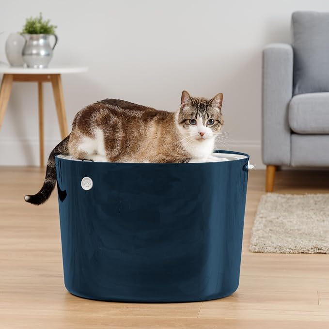 IRIS USA Large Cat Litter Box with Lid, Top Entry Design, Covered Enclosure, Dog Proof, Litter Scatter Control, Odor Reducing, Includes Scoop for Indoor Cats & Kittens, Navy/White, Made in the USA