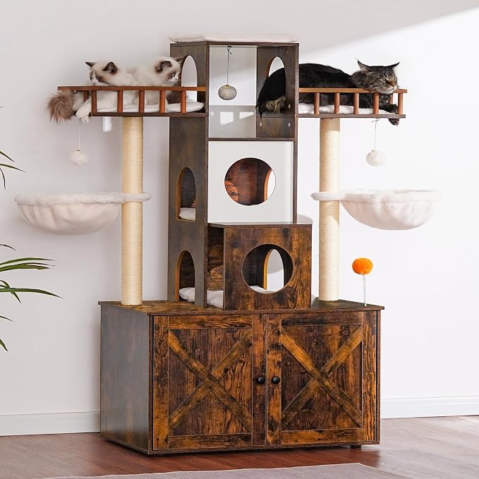 Heybly Cat Tree with Litter Box Enclosure for Indoor Big Cat HCT110SR | Cat Tower for Large Cats 20 lbs Heavy Duty, Modern Cat Condo Furniture with Scratching Posts, Rustic Brown