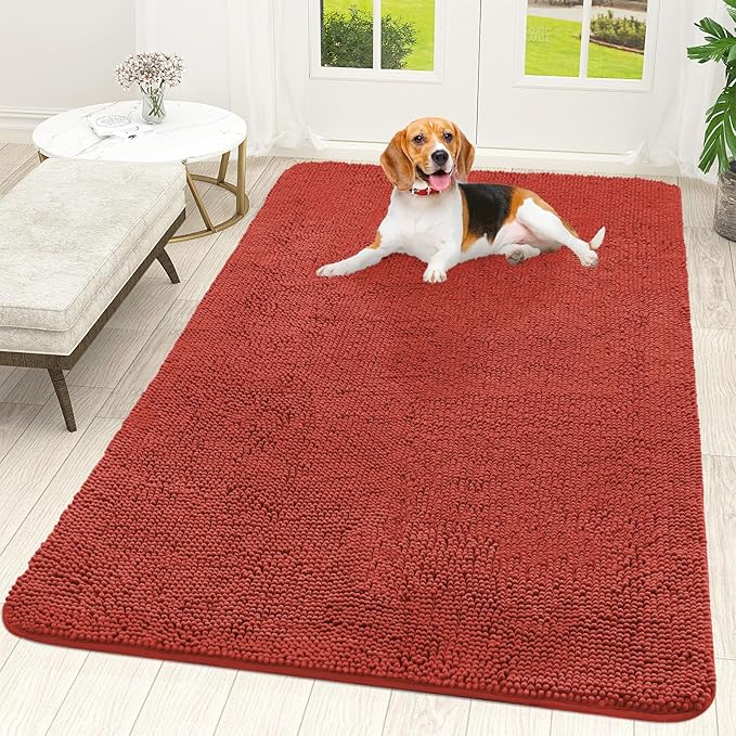 OLANLY Dog Door Mat for Muddy Paws 59x35, Super Absorbent Chenille Mud Mat | Maple Red, Absorbs Moisture and Dirt, Non-Slip Machine Washable Doormat, Quick-Drying Indoor Entryway Floor Carpet for Dogs