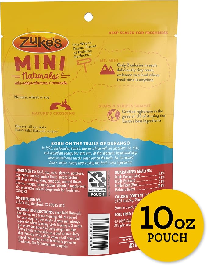 Zuke's Mini Naturals Dog Training Treats, Beef Recipe, 10 oz Pouch | Natural dog treats with real beef, only 2 calories each, soft and chewy bites, in a resealable pouch, made in the USA