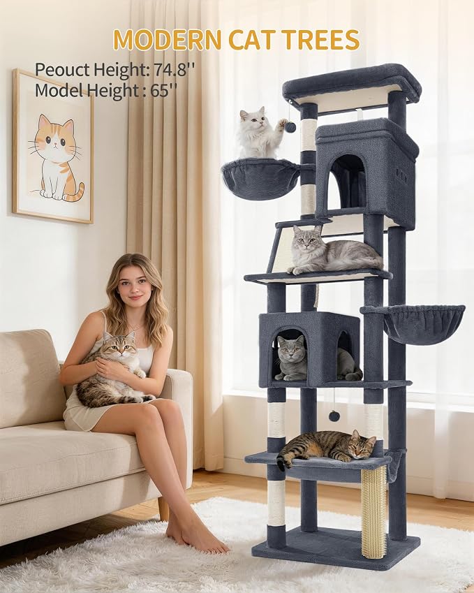 Hzuaneri Tall Cat Tree 75 Inch, Indoor Large Multi-Level Cat Tower | Cat Condo Furniture with 5 Scratching Post, 2 Hanging Basket, 2 Condo, 2 Large Platform, Pet Play House, Dark Grey MS19018SG