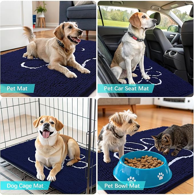 OLANLY Dog Door Mat for Muddy Paws 70x24, Paw Print Design Chenille Mud Mat | Navy Blue, Absorbent, Traps Moisture and Dirt, Non-Slip Washable Doormat, Quick-Drying Indoor Entryway Floor Carpet for Dogs