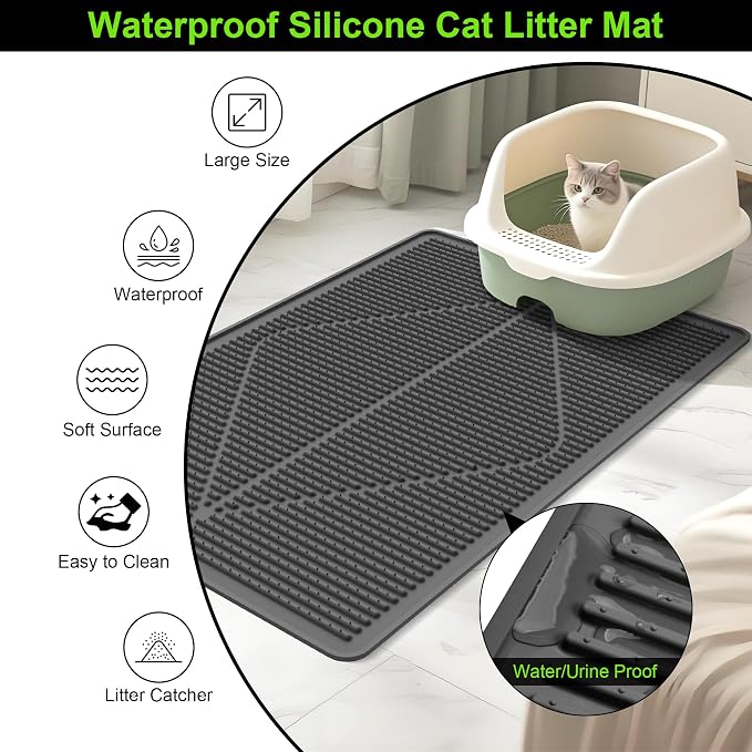 Mofason Rubber Cat Litter Box Mat, Black Silicone Litter Catcher Mat | Waterproof 24"x15" kitty litter box mat; litter trapping catcher mat; easy clean trapping mat, kitty litter mats for floor