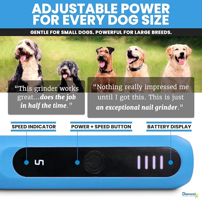 Diamondg Micro Dog Nail Grinder - Quiet Sound with LED Light, Light Blue | 5-Speed Rechargeable Pet Nail Trimmer for Small & Large Dogs, LCD Display, USB-C Charging, 4hrs. Runtime Rotary Tool