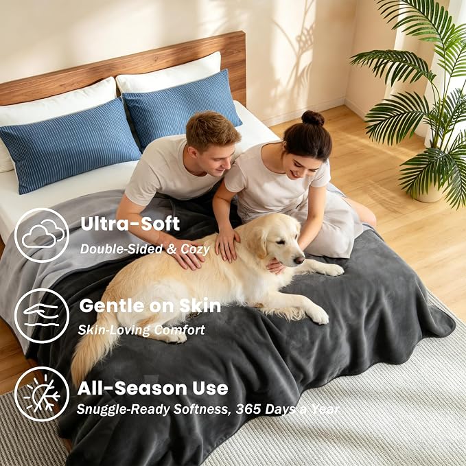gogobunny Waterproof Reversible Flannel Blanket for Sofa Couch Bed, 60" x 80" Leakproof Spill-Proof Dog Throw Blanket, Double-Sided Furniture Protector, Anti Pet Hair & Stains, Grey