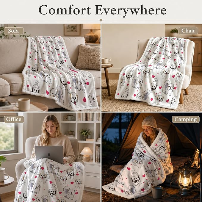 BlessLiving Shih Tzu White Throw Blanket with Dense Dog Patterns Sherpa Fleece Blanket Couch Bed, Soft Cozy Warm Pet Blankets for Puppy Lovers Cute Snowball Animal Print Gift 60x80 Inches