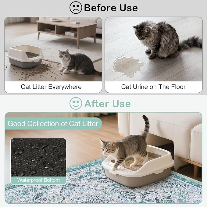 33"x22" Cat Litter Mat Waterproof Non-Slip Litter Trapping Pad | Soft Mesh Litter Box Mat With A Decorative Pattern Captures Scatter Effectively To Keep Floors Clean And Tidy