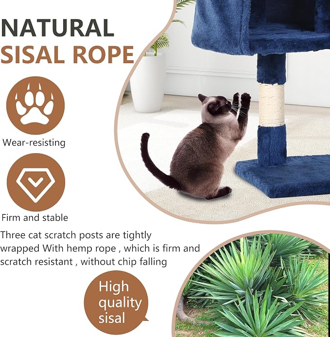 FDW | 36" Cat Tree Tower | Navy Blue | Multi-Level Indoor Activity Center with Sisal Scratching Posts, Condos, Plush Perches, Hanging Cat Toys | Sturdy, Easy to Assemble | for Kittens & Adult Cats