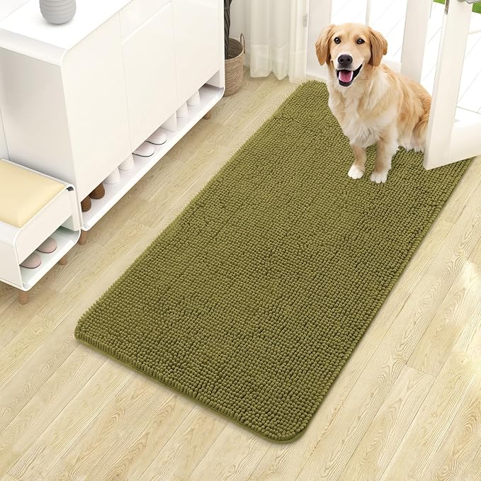 OLANLY Dog Door Mat for Muddy Paws 40x24, Super Absorbent Chenille Mud Mat | Willow Green, Absorbs Moisture and Dirt, Non-Slip Machine Washable Doormat, Quick-Dry Indoor Entryway Floor Carpet for Dogs