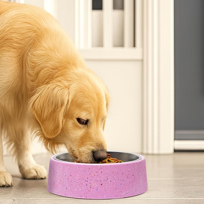 bzyoo 32oz 4CUP Dog & Cat Bowl, Sprinkle Design, Slanted Stainless Steel Pet Bowl with Removable Inner Bowl, Non-Slip Silicone Base, Dishwasher Safe, for Dry/Wet/Raw Food & Water (Pink)