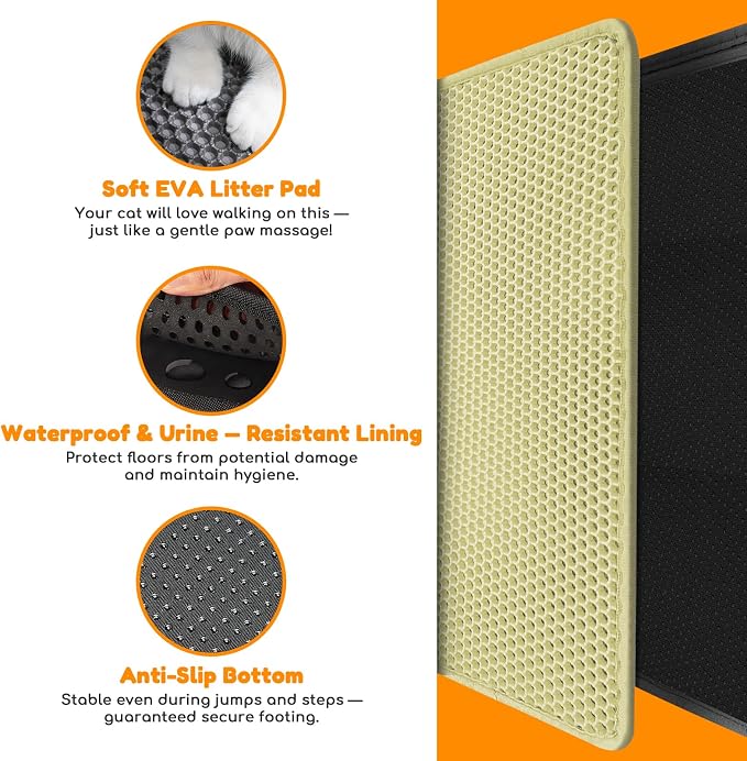 Cat Litter Mat 31"x24",Double Layer EVA Litterbox Mat Cream | Extra Large Honeycomb, Waterproof & non-slip, Odor-free, easy clean, washable durable floor protector,scatter control