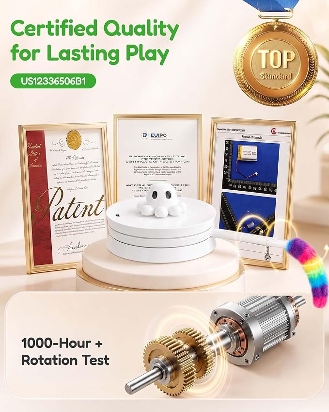 PetsBusy Automatic Hide &Seek Interactive Cat Toys for Indoor Cats,[Week-Long Big Battery] Rechargeable Smart Touch-Activated Kitten Toy with Moving Rainbow Tail for Bored Adult Cats,