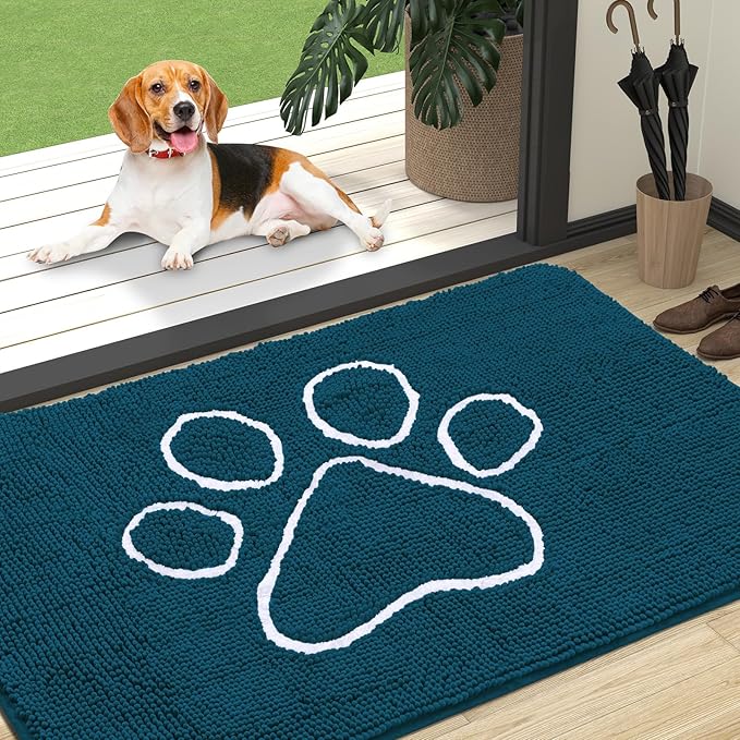 OLANLY Dog Door Mat for Muddy Paws 47x32, Paw Print Design Chenille Mud Mat | Atlantic Blue, Absorbent, Traps Moisture and Dirt, Non-Slip Washable Doormat, Quick-Dry Indoor Entryway Floor Carpet for Dogs