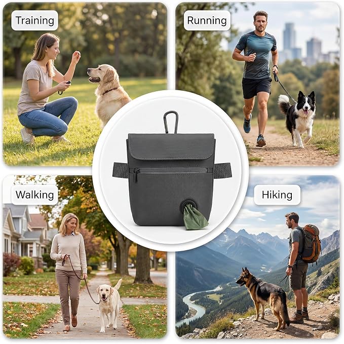 Dog Treat Pouch and Dog Training Clicker, Treat Bag with Poop Bag Dispenser, Powerful Magnetic Clasp, Metal Clip Waist Belt Fanny Pack for Pet Walk Dog Training (Dark Grey)