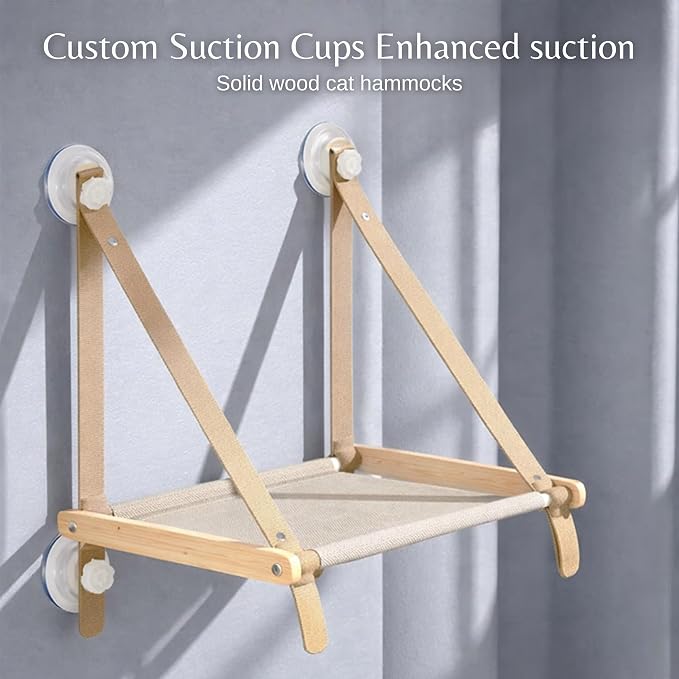 Cat Window Perch for Indoor Cats, Solid Wood Window Mounted Cat Bed with Washable Soft Seat, 4 Strong Suction Cups, Stable Hanging Hammock Lounge for Large Cats