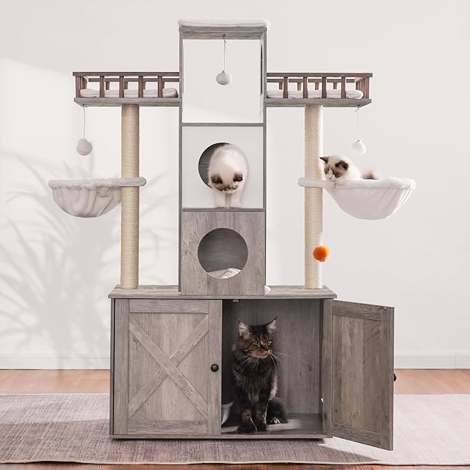 Heybly Cat Tree with Litter Box Enclosure for Indoor Big Cat HCT110SG | Cat Tower for Large Cats 20 lbs Heavy Duty, Modern Cat Condo Furniture with Scratching Posts, Rustic Gray