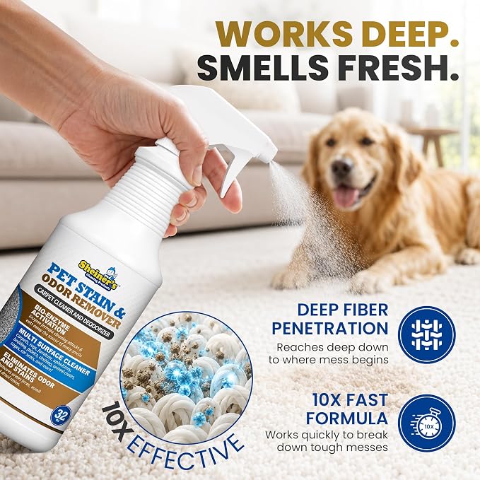 Sheiner's Pet Stain Remover & Pet Odor Eliminator, Advanced Cleaning Bio-Enzyme Cleaner Solution for Carpets, Rugs, Upholstery & Multi-Surfaces, Safe for Pets & Kids. (32 oz)