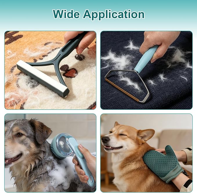 Pet Hair Remover Kit for Dogs & Cats, Reusable Grooming Set | Includes 2 Lint Removers, A Grooming Glove And Bath Brush For Removing Pet Hair From Couches, Carpets, Clothing And Furniture