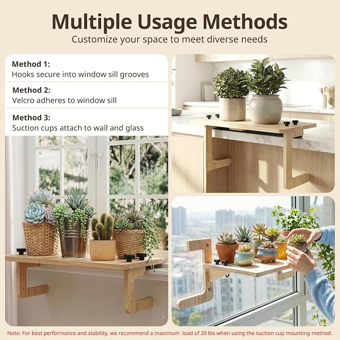 3-Way Setup Adjustable Window Sill Plant Shelf Extender | 21.6" x 11.1" No-Drill Window Plants Shelf with Strong Suction Cups, Heavy Duty Renter Friendly Indoor Garden Sills Display