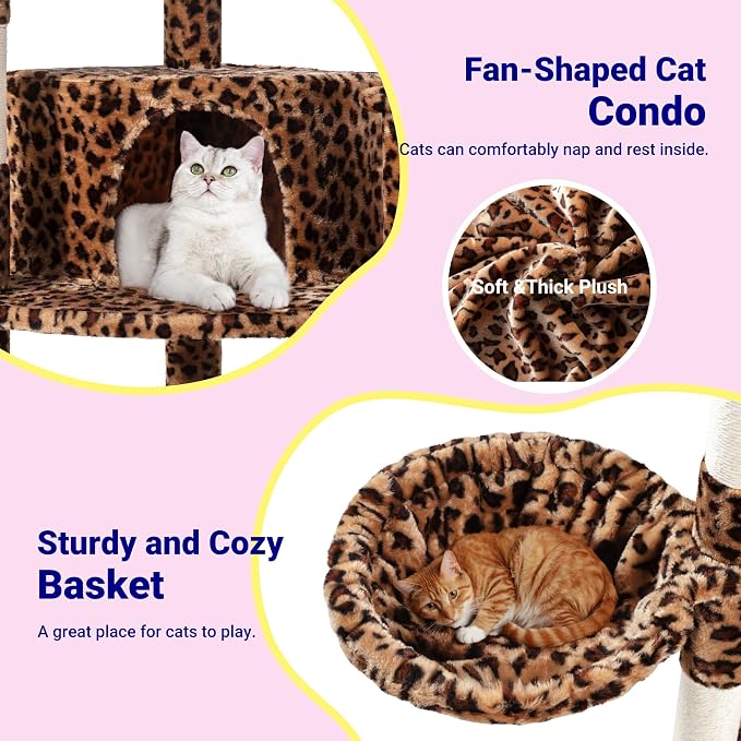 Allewie 73in Fan-Shaped Space-Saving Corner Cat Tower/Multi-Level Tall Cat Tree for Indoor Kitties/Cozy Baskets/Condos/House/Perches/Sisal Scratching Posts/Pet Activity Center/Leopard Print