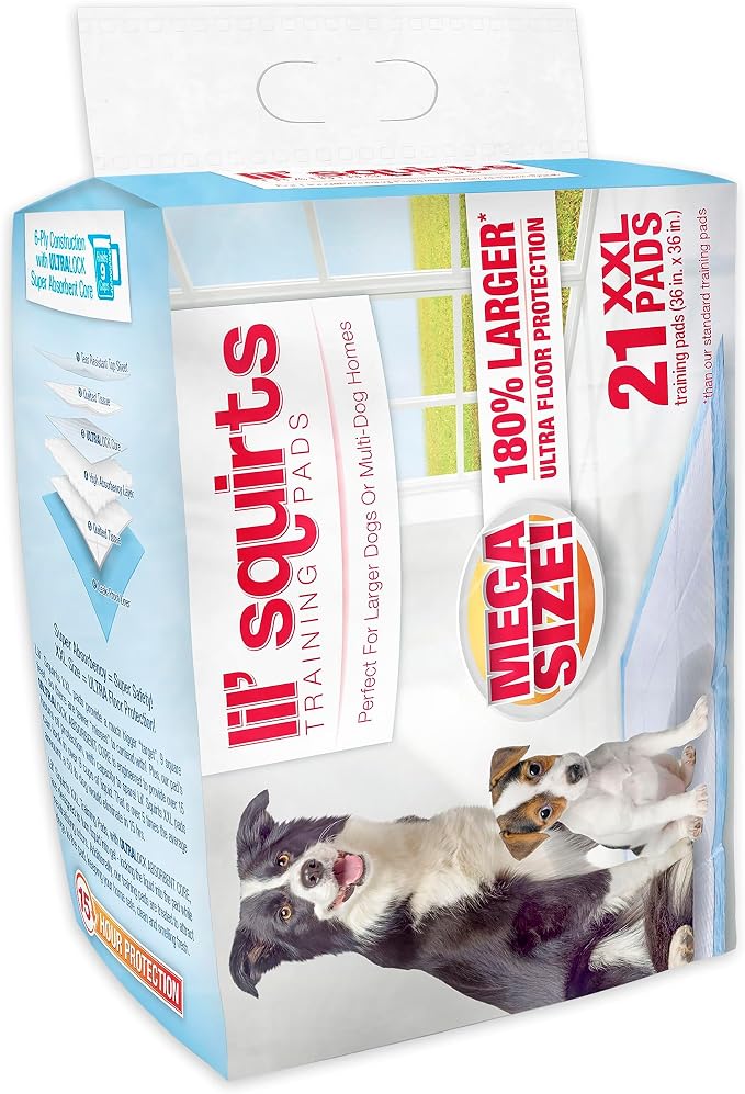 Lil' Squirts XX-Large Mega Training Puppy Pads for Larger Dogs & Multi Dog Homes, Pad Size 3' x 3', 21 Padsper Package, Assorted (82003)