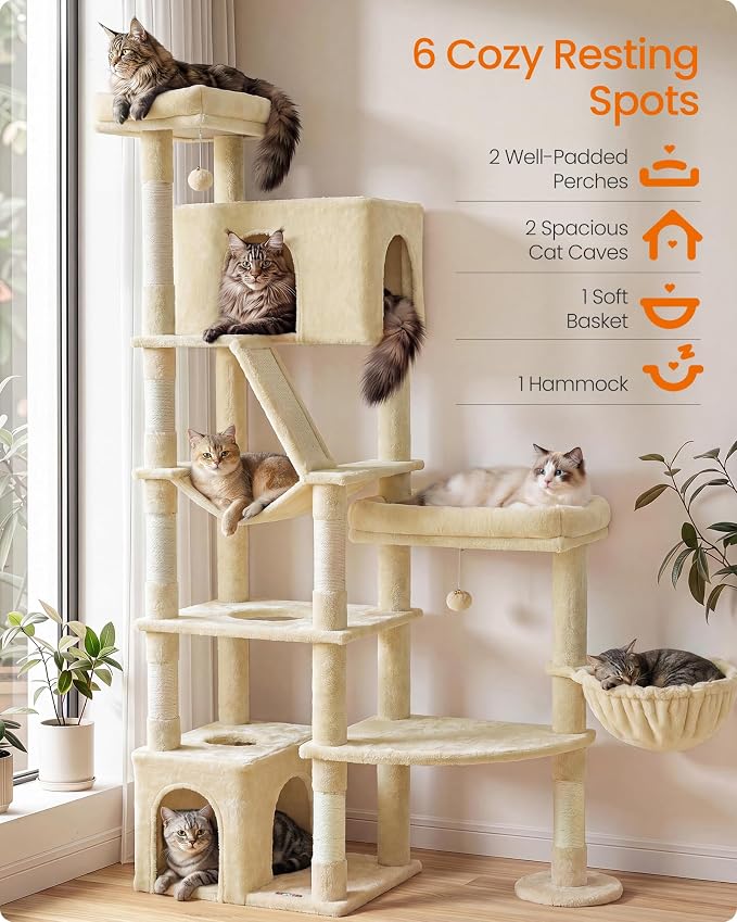 Feandrea 74.1-Inch Cat Tree Tower for Indoor Extra Large Cats, with Scratching Posts, Scratching Board, Multi-Level Design, Beige UPCT016Y101S