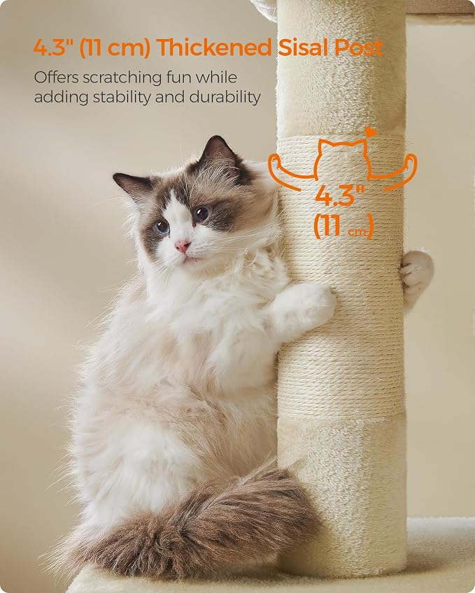 Feandrea Cat Tree, 40.6-Inch Cat Tower, Plush Condo for Extra Large Cats up to 44 lb, Large Perch, 2 Caves, Scratching Post, Beige UPCT614M01