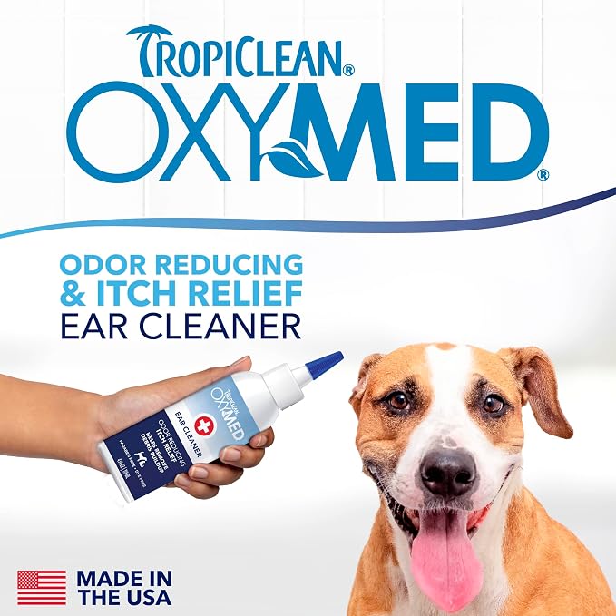 TropiClean OxyMed Preventative Dog Ear Cleaner, Vet Recommended Ear Cleaning Solution for Itch Relief, Daily Wash Drops, Safe for Cats, USA Made, 4oz.