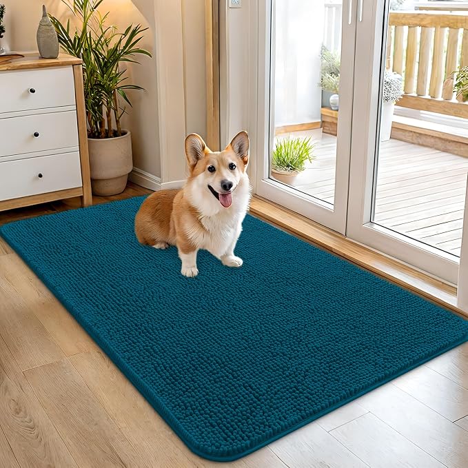 OLANLY Dog Door Mat for Muddy Paws 45x27, Super Absorbent Chenille Mud Mat | Atlantic Blue, Absorbs Moisture and Dirt, Non-Slip Machine Washable Doormat, Quick-Dry Indoor Entryway Floor Carpet for Dogs