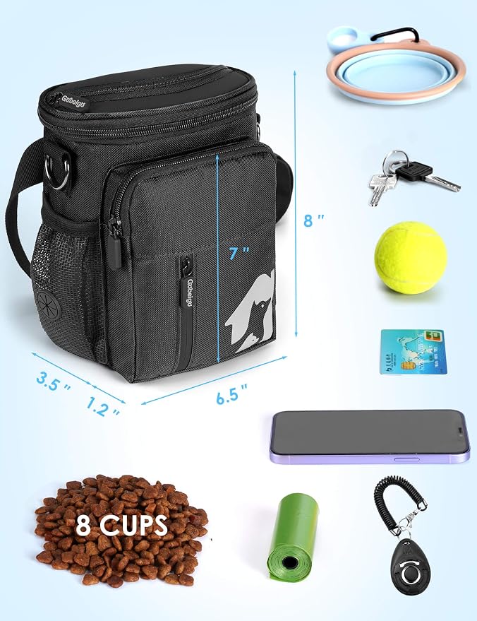 8 Cup Dog Treat Pouch with Training Clicker(Full Black) | 3 Ways to Wear/ Built-in Poop Bag Dispenser/ Zipper Front Pocket Phone Friendly Treat Bag for Pet Training & Walking