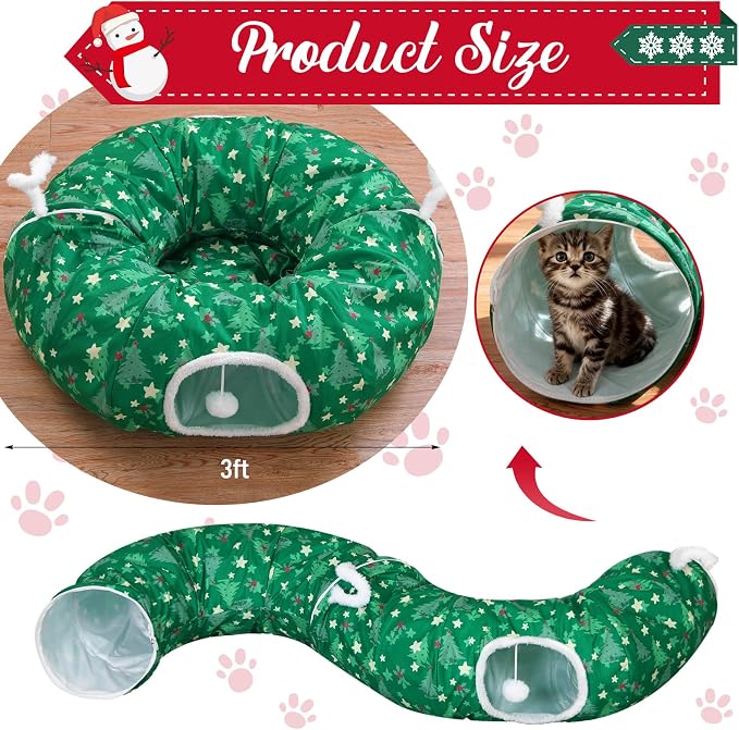 Dansydaisy Cat Tunnel Christmas Tree Skirt, Green Christmas Tree Cat Tunnel Bed with Star and Toys, Hanging Pom Ball Plush Washable Cushion Peekaboo Playground for Small Medium Rabbit Xmas Decor