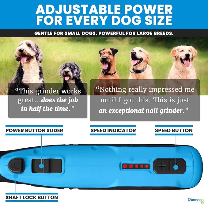 Diamondg Cordless Dog Nail Grinder - Quiet Sound with LED Light, Blue | 5-Speed Rechargeable Pet Nail Trimmer for Small & Large Dogs, USB-C Charging, 4hrs. Runtime, Painless Dog Nail Grinding Kit