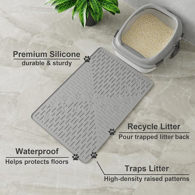 OHMO Cat Litter Mat, 23.5x16 Silicone Trapping Mat Grey | for Kitty Litter Box, Easy Clean, BPA Free Rubber, Center Litter Collection, Easy Pour-Back, Waterproof, Odor-Resistant