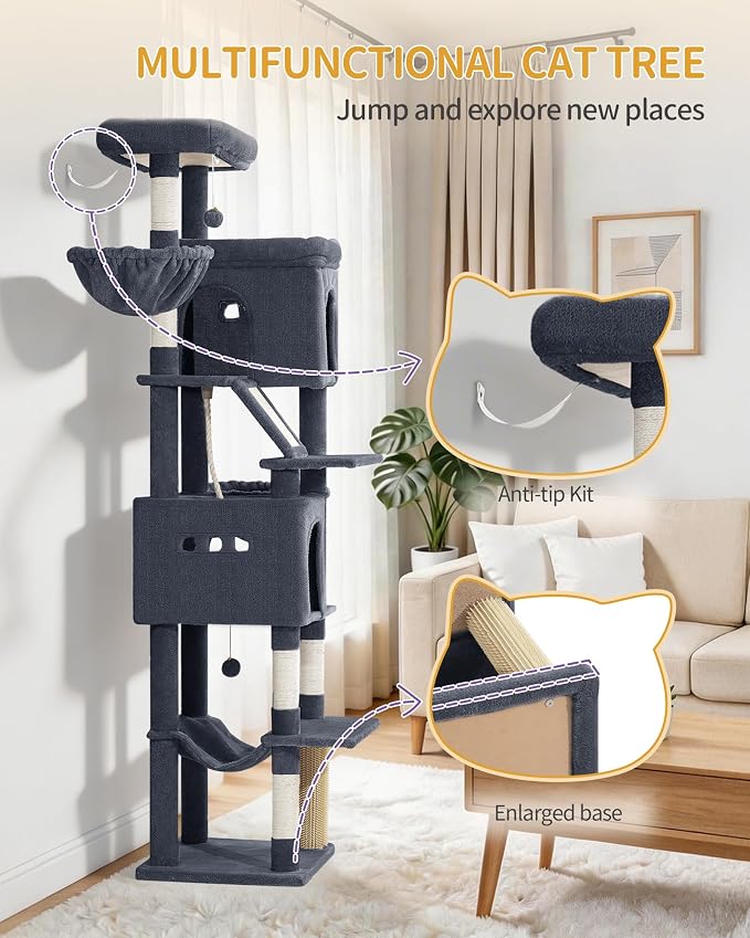 Hzuaneri Tall Cat Tree 84 Inch, Indoor Large Multi-Level Cat Tower | Cat Condo Furniture with 5 Scratching Post, 2 Hanging Basket, 2 Condo, 2 Large Platform, Pet Play House, Dark Grey MS21318SG