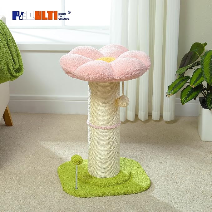PEQULTI Flower Cat Scratching Post, Small Cat Tree, Scratcher for Indoor Cats with Super Thick Scratching Post [Dia=5.5''], Removable Flower Bed, Cat Scratch Post with Spring Ball, Pink