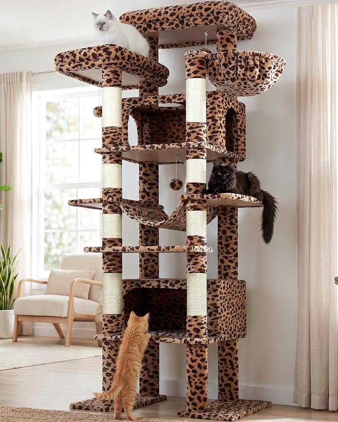 Globlazer Giant Tall Heavy Duty Cat Tower for Indoor Large Cats, F83B | XXL Multi-Level Large Cat Condo with 8 Scratching Posts, Hammock, 2 Cat Caves, 2 Platform, Leopard Print