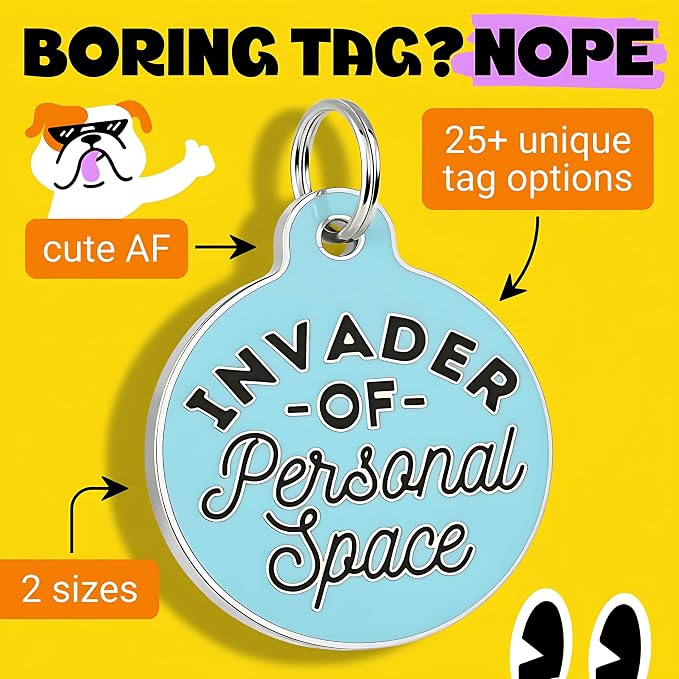 Bad Tags Personalized Dog and Cat ID Tags in 25+ Designs and 2 Sizes - 5 Lines of Custom Engraved Text - Funny Cute Personalized Pet Tags (Invader of Personal Space - Blue, Small (1 inch))