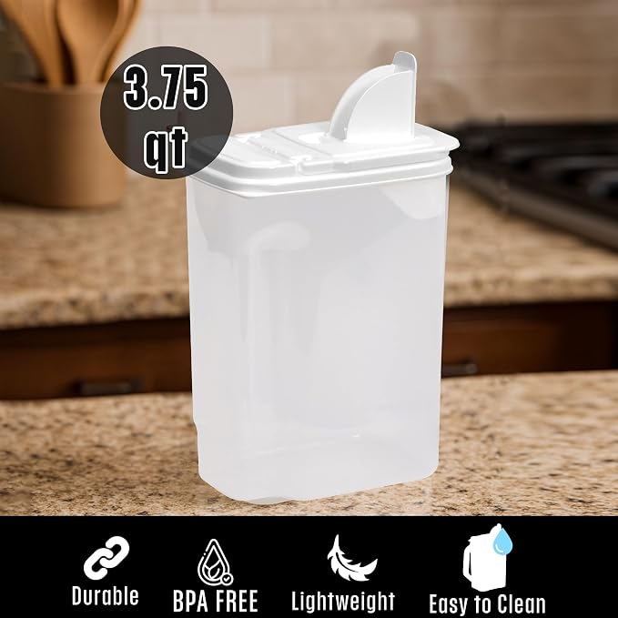 Buddeez Large Food Storage Container - 3.75 Quart Sugar Buddy, All Purpose Clear Kitchen Organization and Storage - Sugar, Flour, Cereal, Rice Dispenser, EZ Pour Spout & Easy Grip Handle (White Lid)