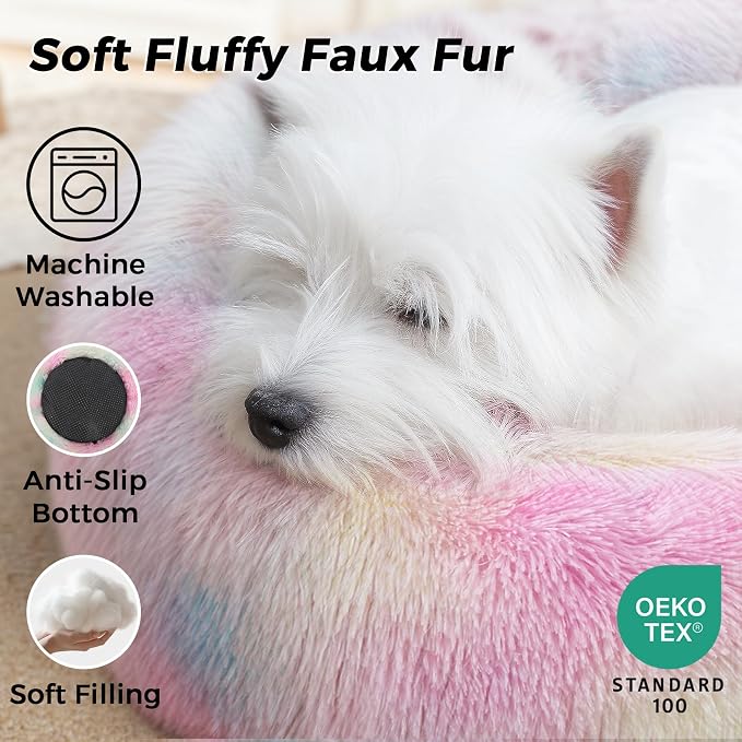 Calming Round Dog Bed & Cat Bed with Anti-Slip Bottom, Medium Size Washable Anti-Anxiety Donut Dog Beds for Small Dogs & Cats, Fluffy Plush Soft Dog Bed(24 Inch, Rainbow)