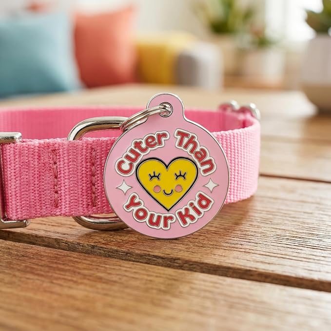 Bad Tags Personalized Dog and Cat ID Tags in 25+ Designs and 2 Sizes - 5 Lines of Custom Engraved Text - Funny Cute Personalized Pet Tags (Cuter Than Your Kid - Pink, Large (1.25 inch))