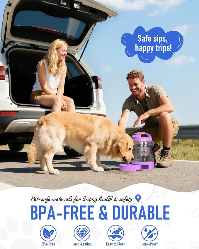 lesotc 77oz Dog Travel Water Bottle, Large Portable Dog Water Bowl Dispenser, Leakproof Pet Drinking Bottle Dispenser for Hiking Camping Walking Travelling Beach Car Trips, No Spill, BPA Free,Purple