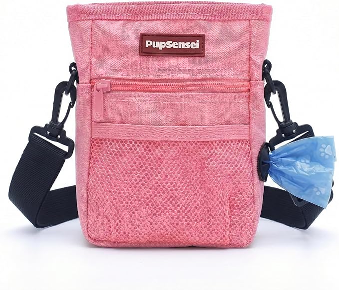 Dog Treat Pouch for Training – Magnetic Dog Treat Bag with Belt Clip & Poop Bag Dispenser – Hands Free Carry Pouch with Auto-Close Access & Shoulder Strap – Durable Pet Gear –Light Pink