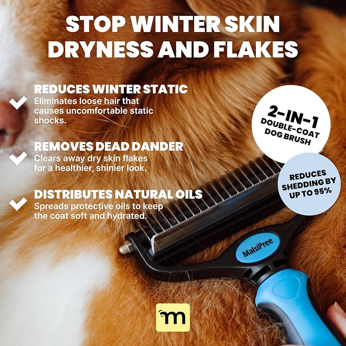 MalsiPree Dog Brush for Shedding - Large Blue, 2-in-1 Deshedding Rake | 2-in-1 deshedding brush & undercoat rake - dematting comb - Use for double-coated dogs, cats & heavy shedding