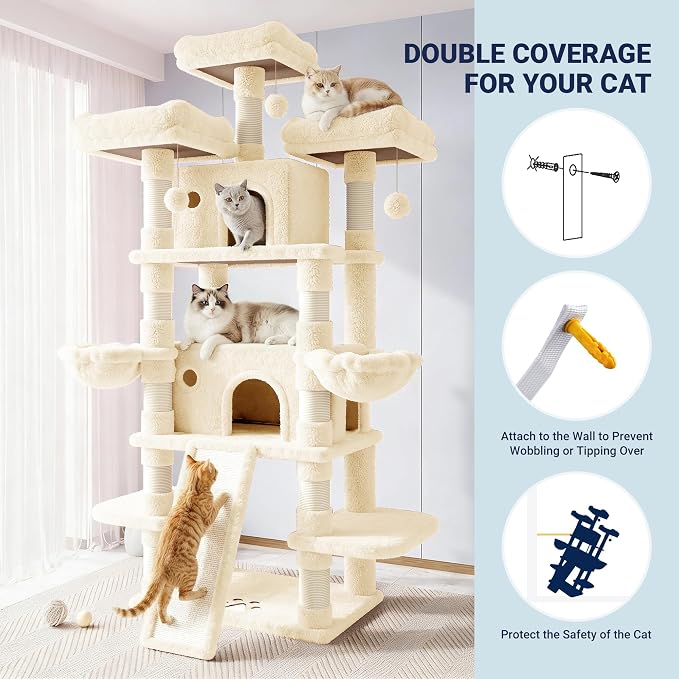 Allewie 82 Inches Large Cat Tree/House/XXL Tall Cat Towers for Big Feline/Scratching Post/Multi-Level Large Kitty Climbing Tree with Condo/Beige